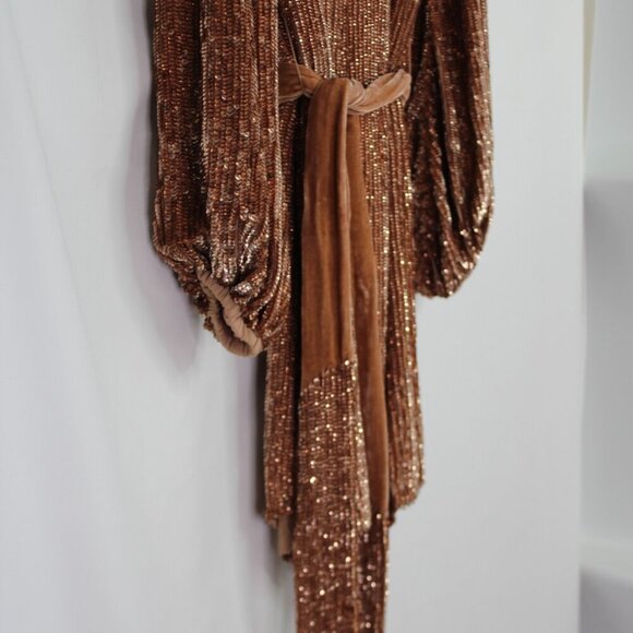 Retrofete Grace Sequin Long Sleeve Mini Dress with Velvet Tie Belt Bronze SizeXS - Picture 11 of 14